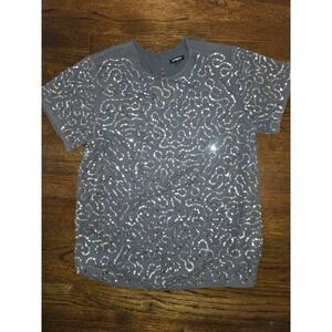 Express Sequin Blouse Womens Medium Gray Excellent Short Sleeve Swirl Mesh Top
